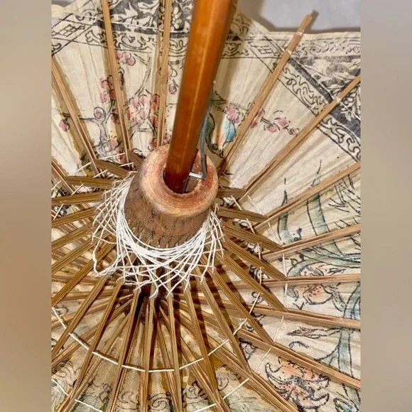 Authentic Vintage handmade Small Asian Art paper wood‎ shaft umbrella - Picture 8 of 11